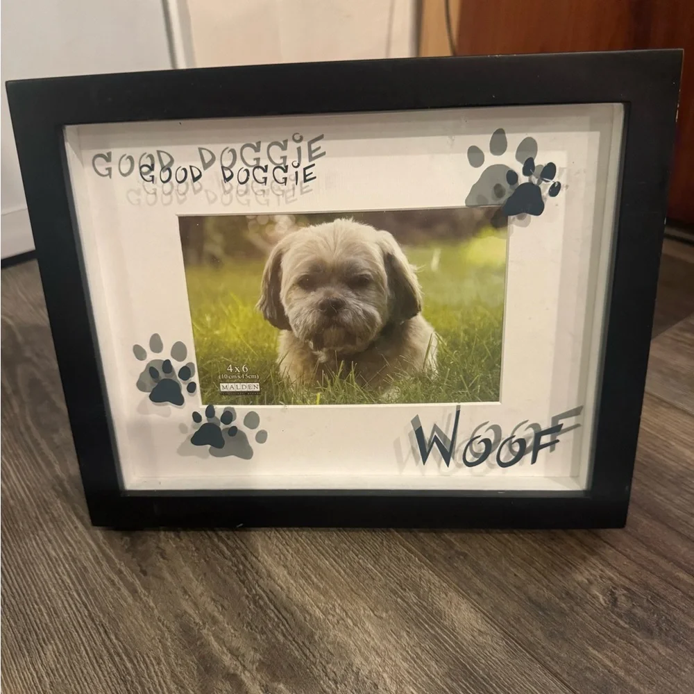 Cute Black Dog Photo Window Frame with Paw Prints